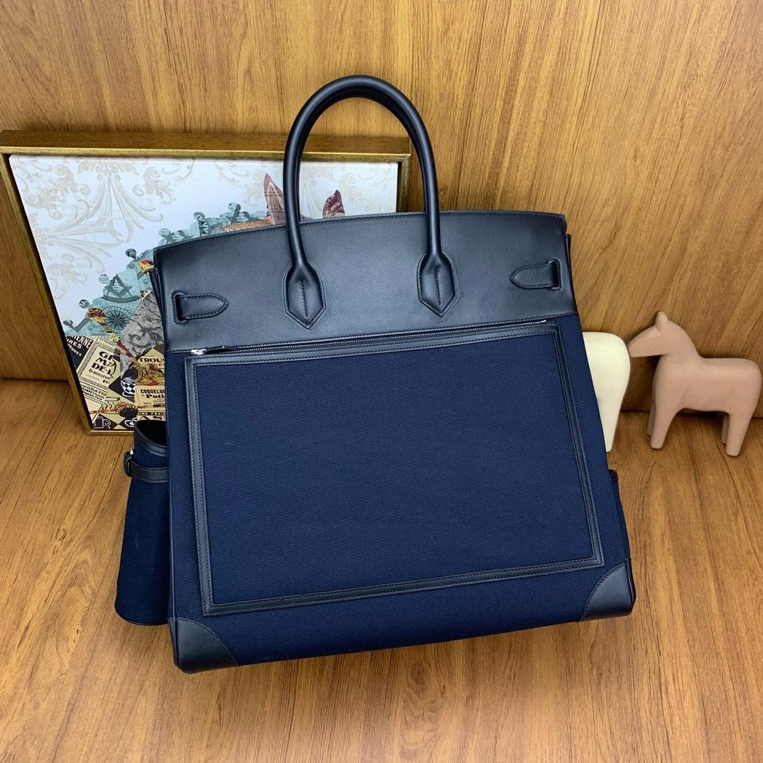 Hermes HAC Cargo Birkin 40 Handmade Bag in Blue Nuit Toile - Image 6