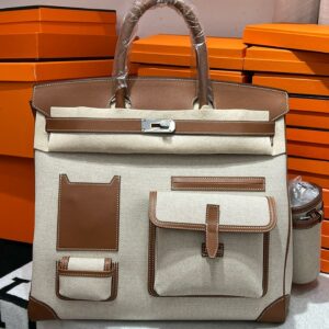 Hermes HAC Cargo Birkin 40 Handmade Bag in Toile with Gold Leather