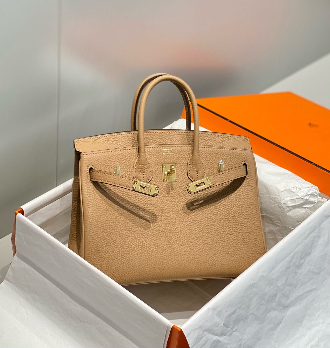 Hermes Birkin 25cm Bag In Chai Clemence Leather GHW - Image 4