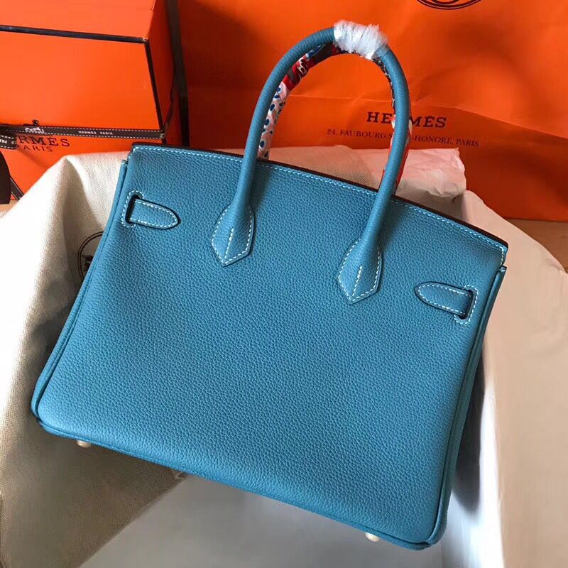 Hermes Birkin 30 Handmade Bag In Blue Jean Clemence Leather - Image 4