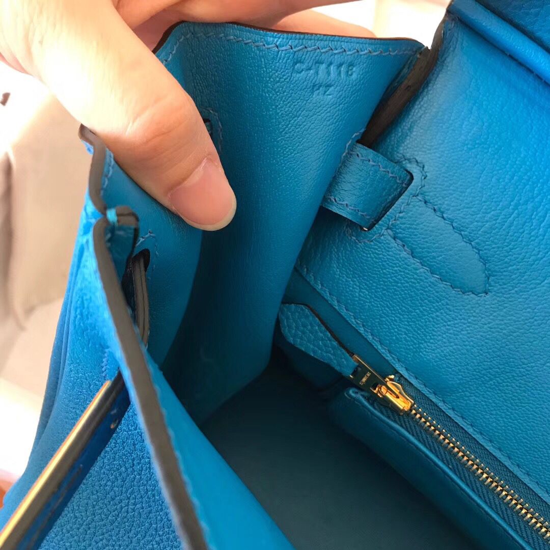 Hermes Birkin 30 Handmade Bag In Blue Zanzibar Clemence Leather - Image 6