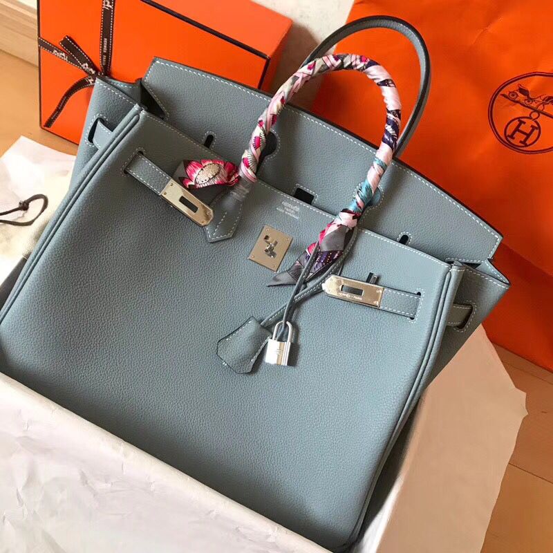 Hermes Birkin 35 Handmade Bag In Blue Lin Clemence Leather - Image 5