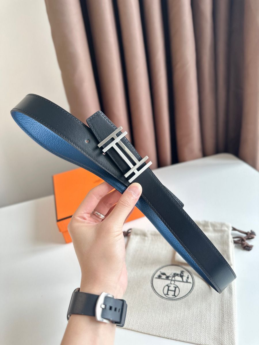 Hermes H au Carre Reversible Belt 32MM in Blue Clemence Leather - Image 3