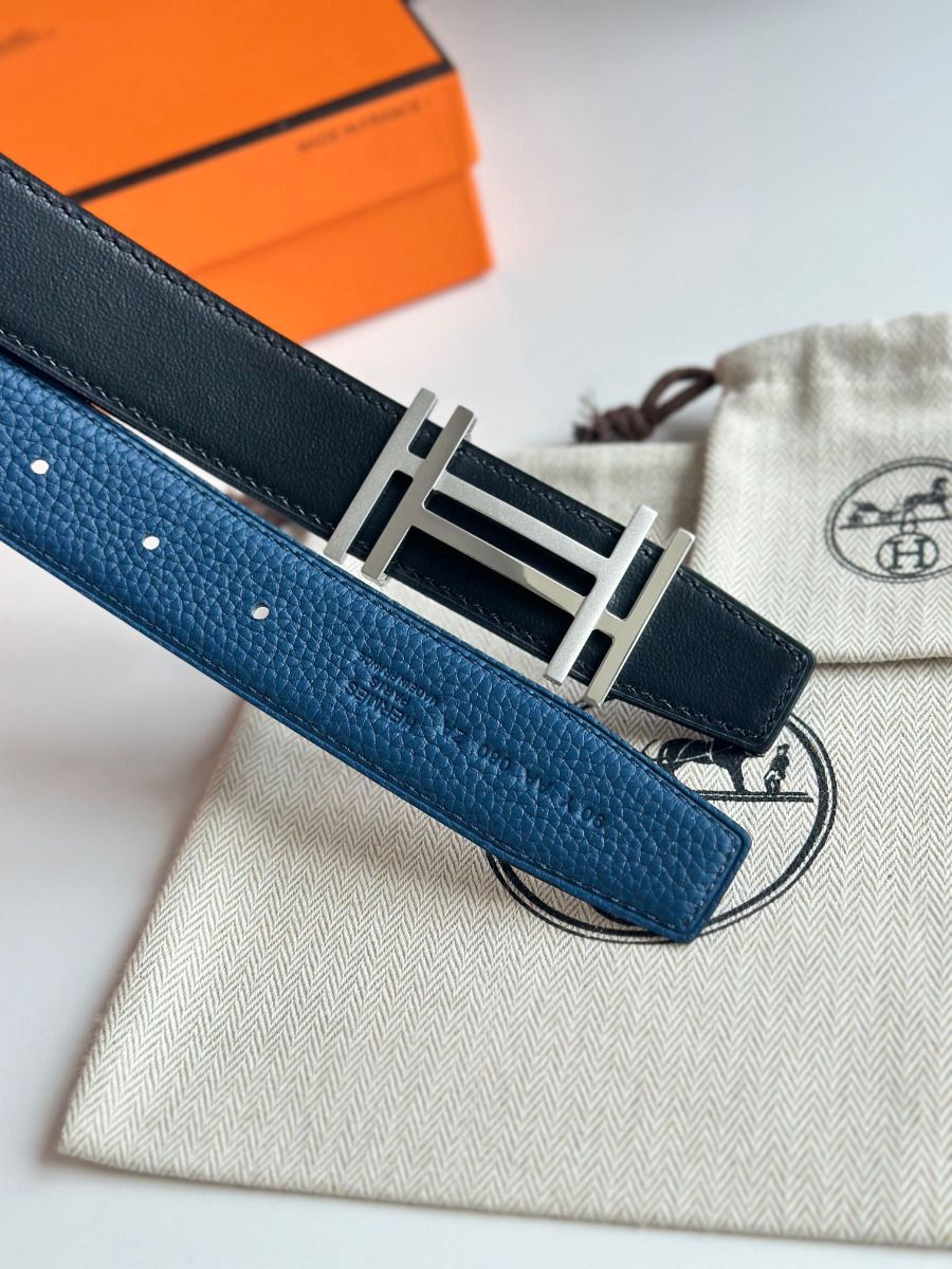 Hermes H au Carre Reversible Belt 32MM in Blue Clemence Leather - Image 4