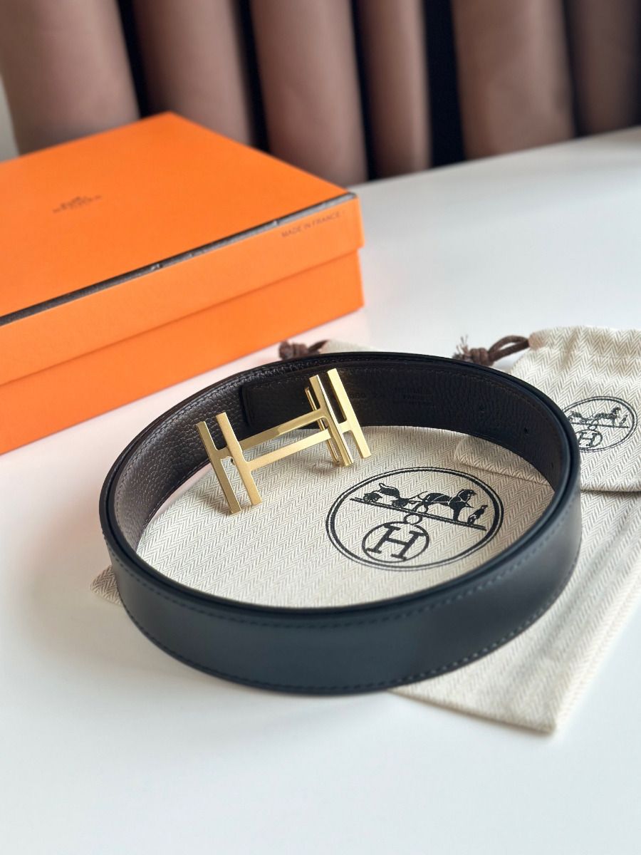 Hermes H au Carre Reversible Belt 32MM in Chocolate Clemence Leather - Image 7
