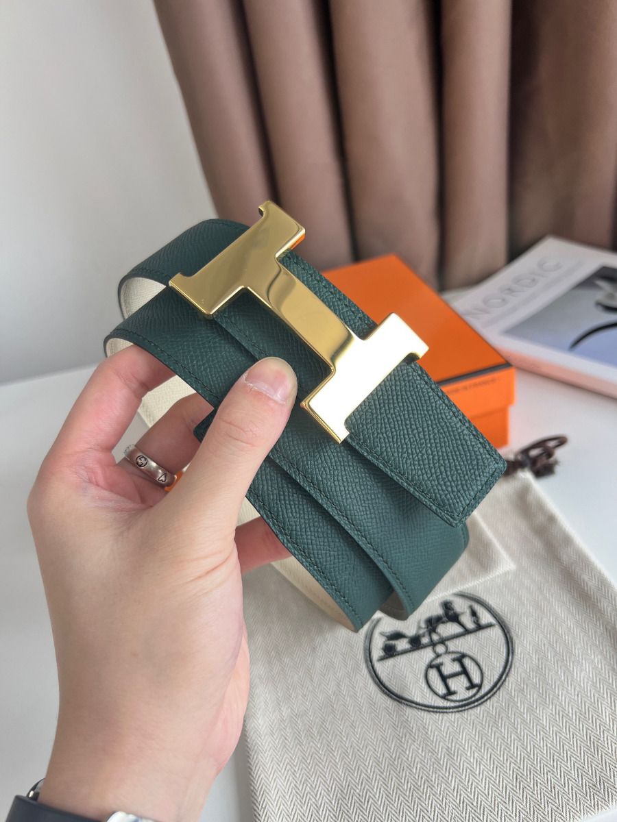 Hermes Constance Reversible Belt 38MM in Green and Craie Epsom Calfskin - Image 8