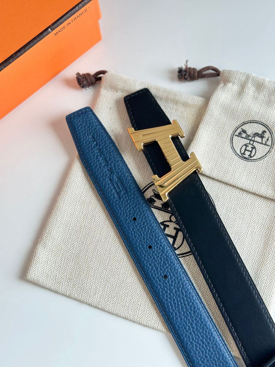 Hermes H Take Off Reversible Belt 32MM in Blue Clemence Leather - Image 6