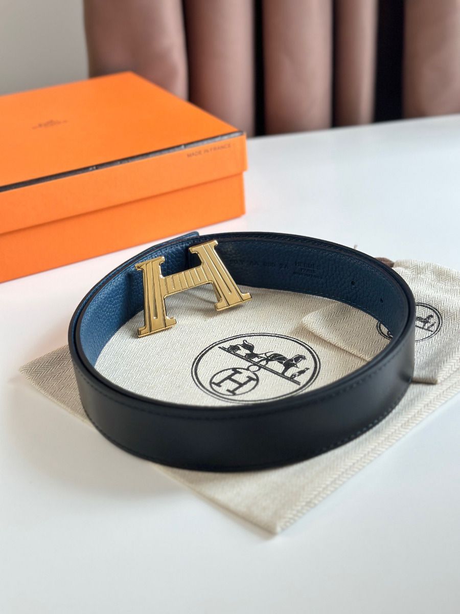 Hermes H Take Off Reversible Belt 32MM in Blue Clemence Leather - Image 7