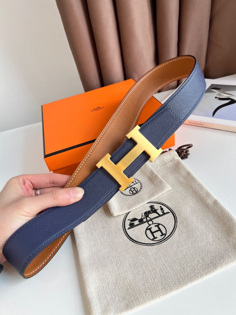 Hermes H Reversible Belt 38MM in Blue and Gold Epsom Leather - Image 4