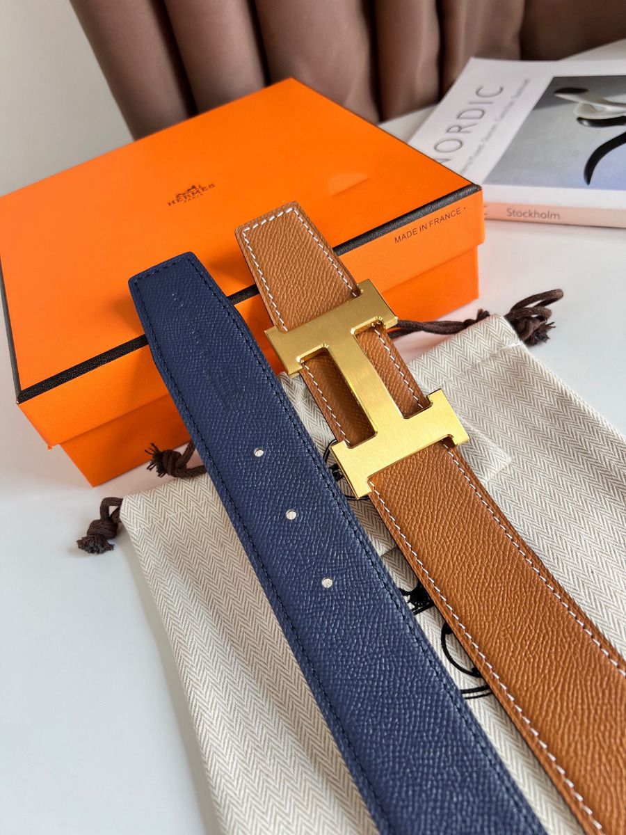 Hermes H Reversible Belt 38MM in Blue and Gold Epsom Leather - Image 5