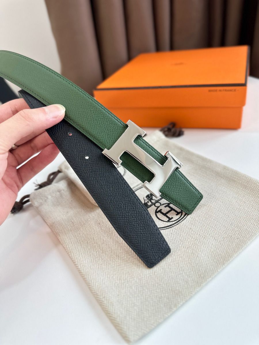 Hermes H Reversible Belt 32MM in Black and Green Epsom Leather - Image 7