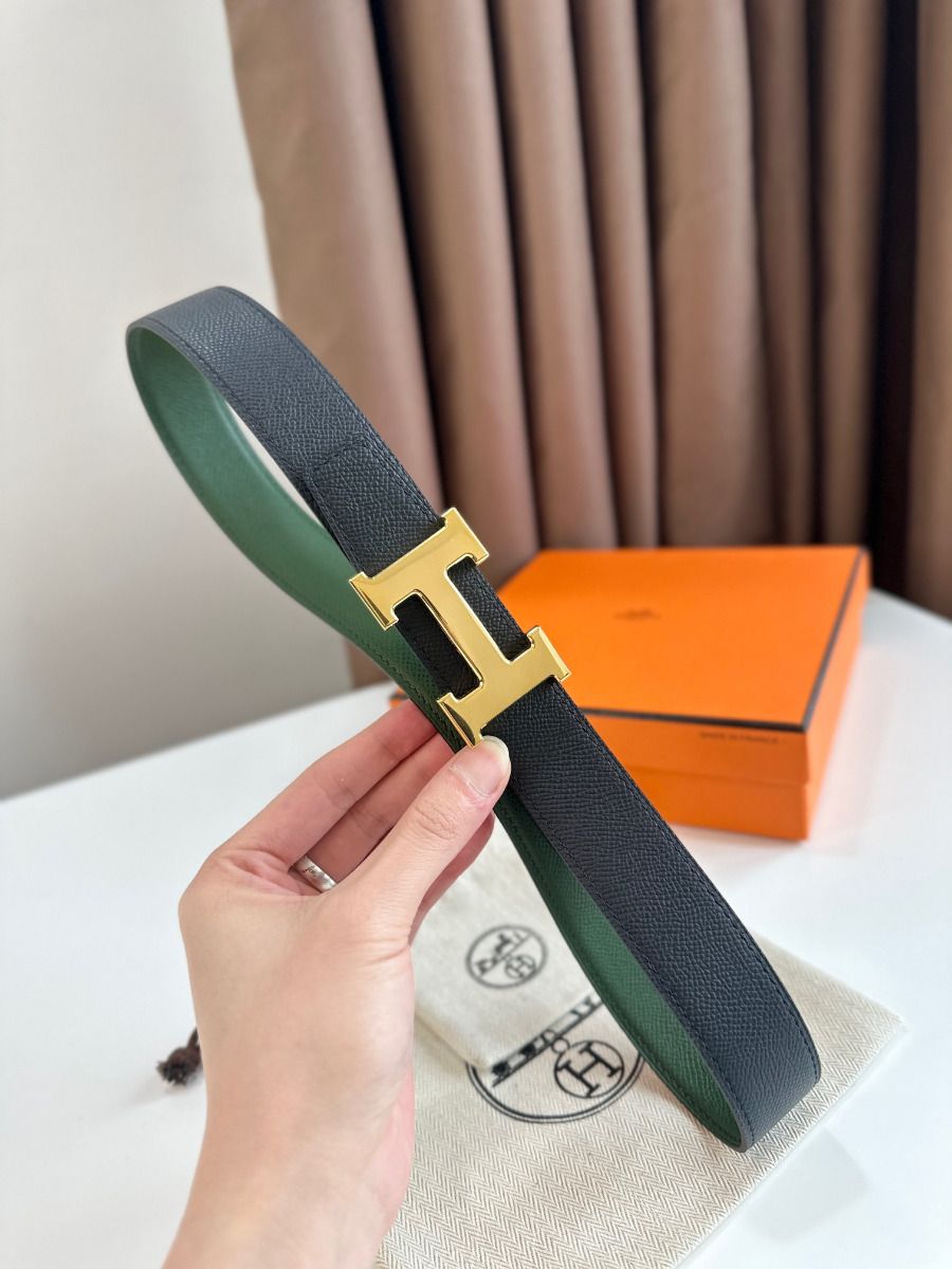 Hermes H Reversible Belt 32MM in Black and Green Epsom Leather - Image 8