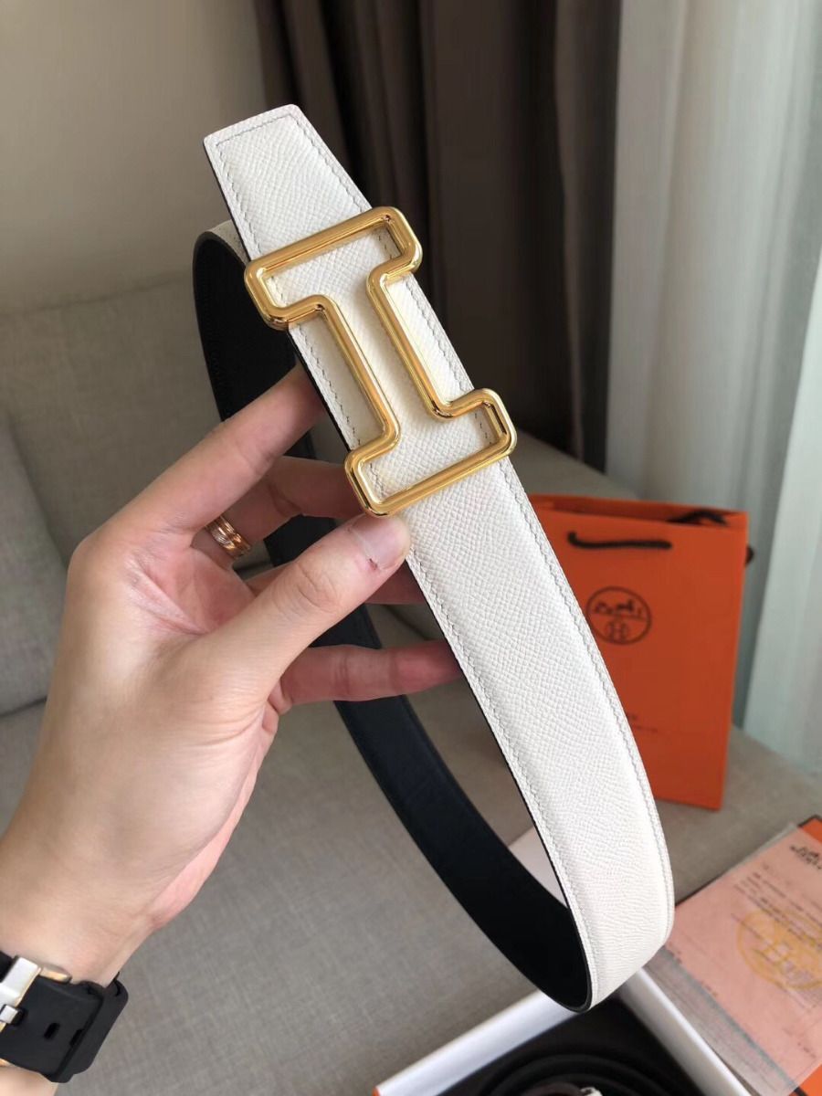 Hermes Tonight 38MM Reversible Belt In Black/White Epsom Leather - Image 4