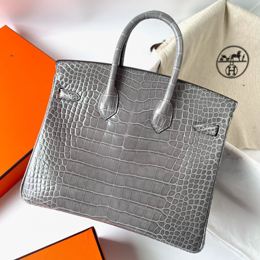 Hermes Birkin 25 Retourne Handmade Bag in Gris Ciment Shiny Alligator Leather - Image 3