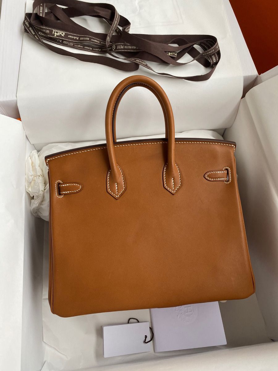 Hermes Birkin 25 Retourne Handmade Bag In Gold Barenia Calfskin - Image 3