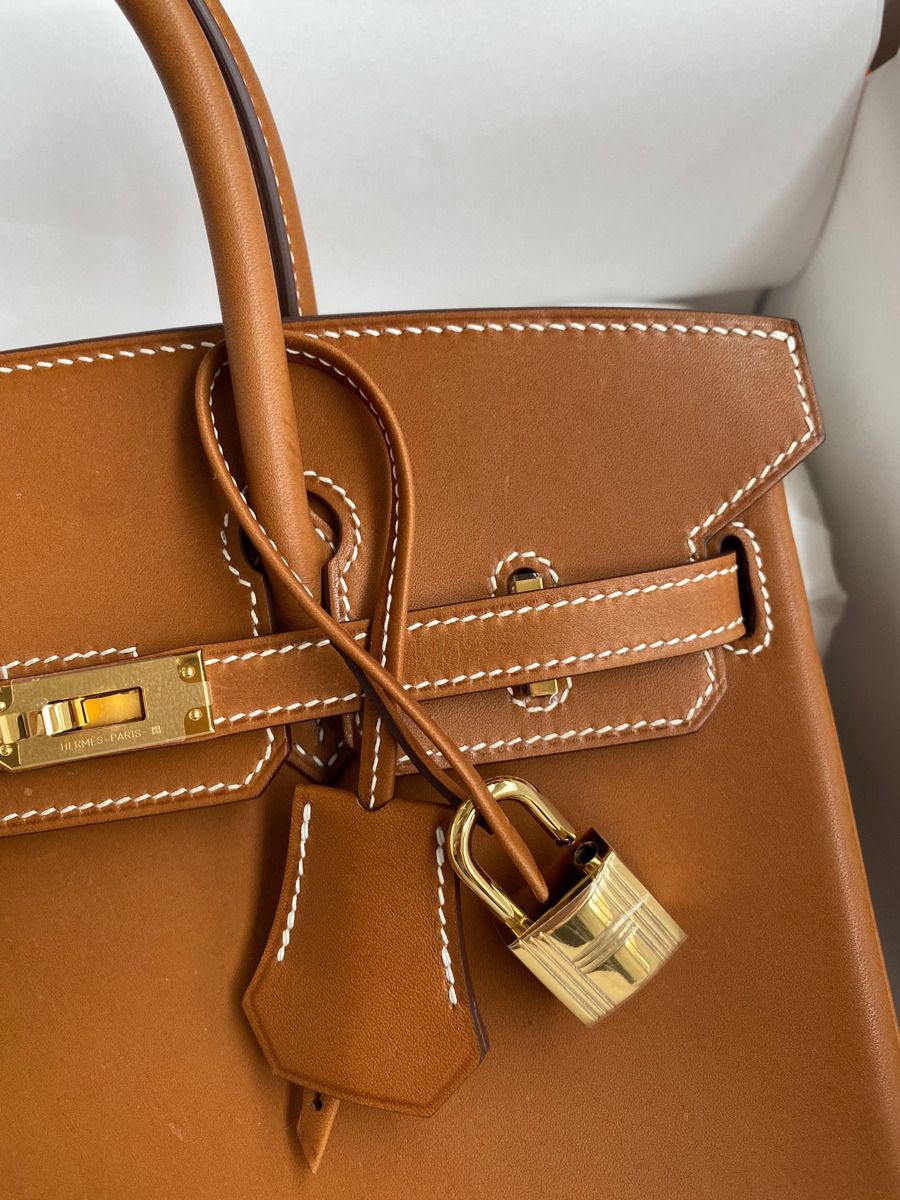 Hermes Birkin 25 Retourne Handmade Bag In Gold Barenia Calfskin - Image 4