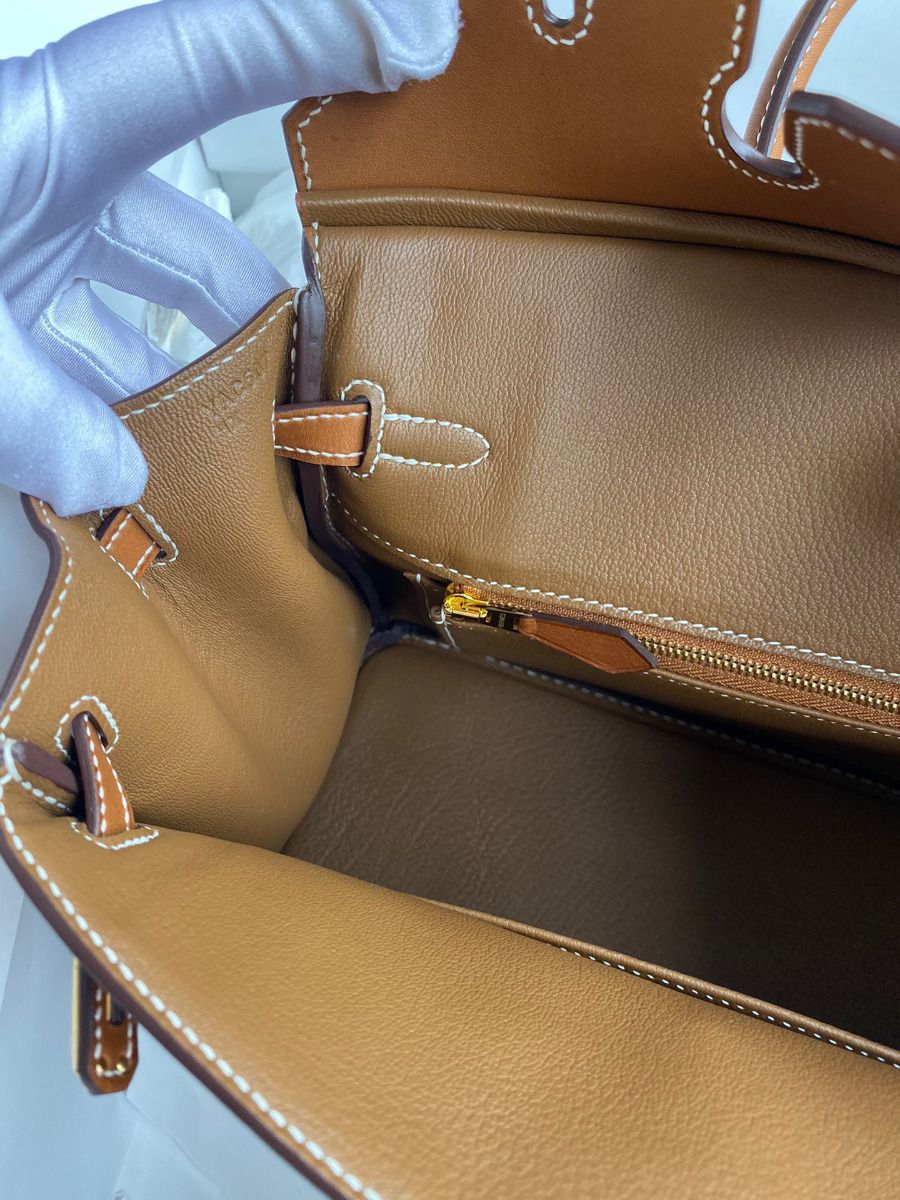 Hermes Birkin 25 Retourne Handmade Bag In Gold Barenia Calfskin - Image 8