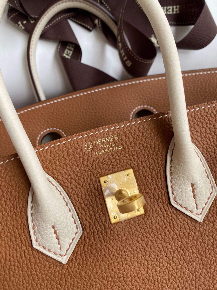 Hermes HSS Birkin 25 Bicolor Bag in Gold and Craie Clemence Leather - Image 7