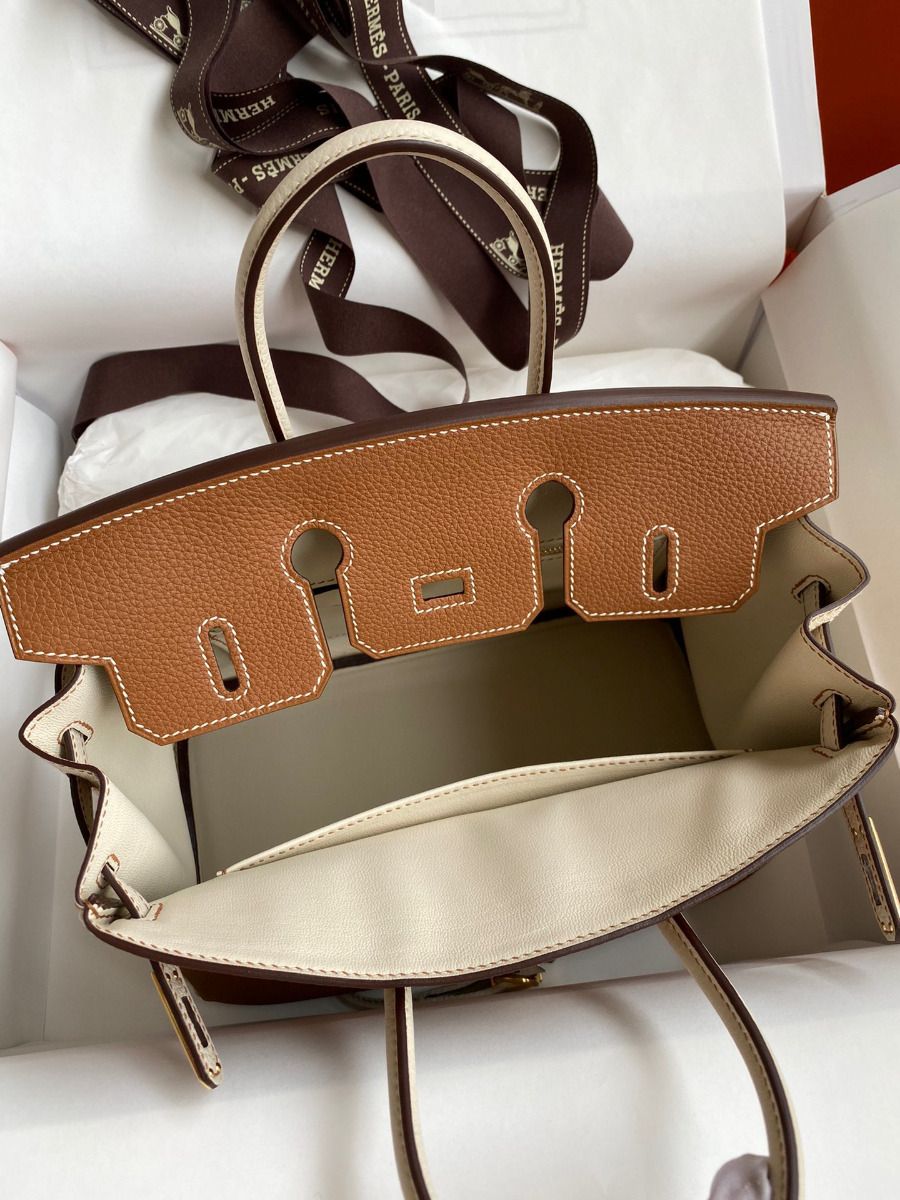Hermes HSS Birkin 25 Bicolor Bag in Gold and Craie Clemence Leather - Image 8