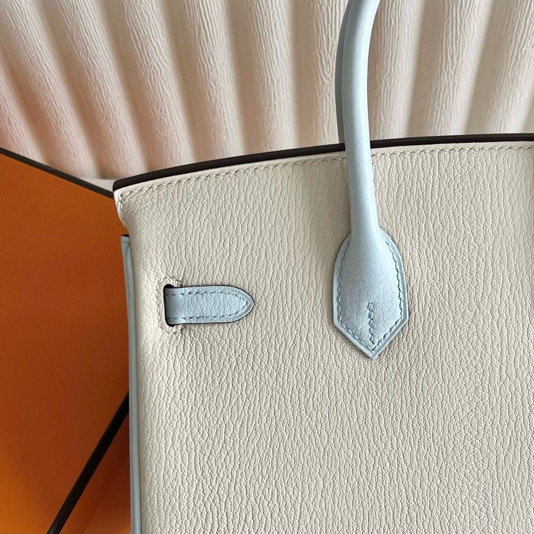 Hermes HSS Birkin 25 Bicolor Bag in Nata and Blue Brume Chevre Mysore Leather - Image 6