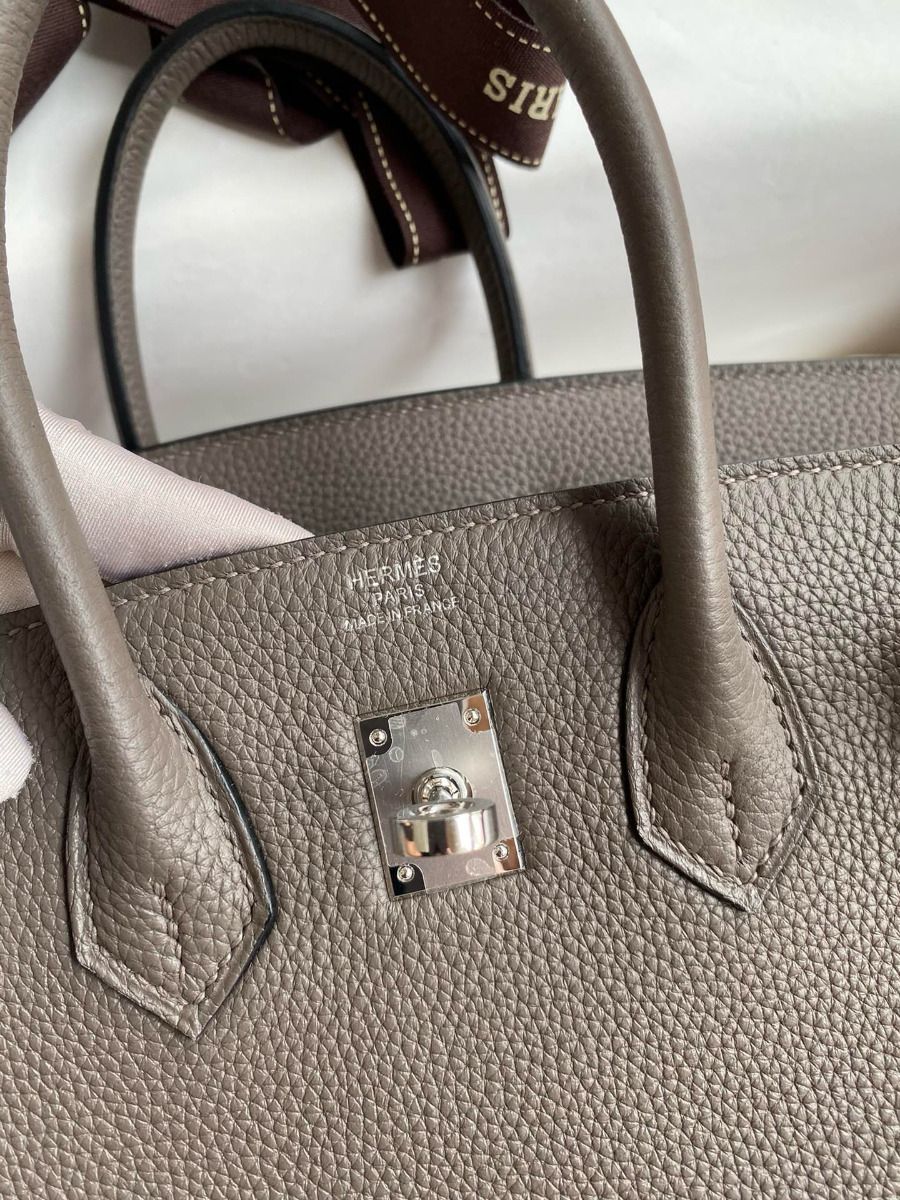 Hermes Birkin 25 Retourne Handmade Bag In Etain Clemence Leather - Image 7
