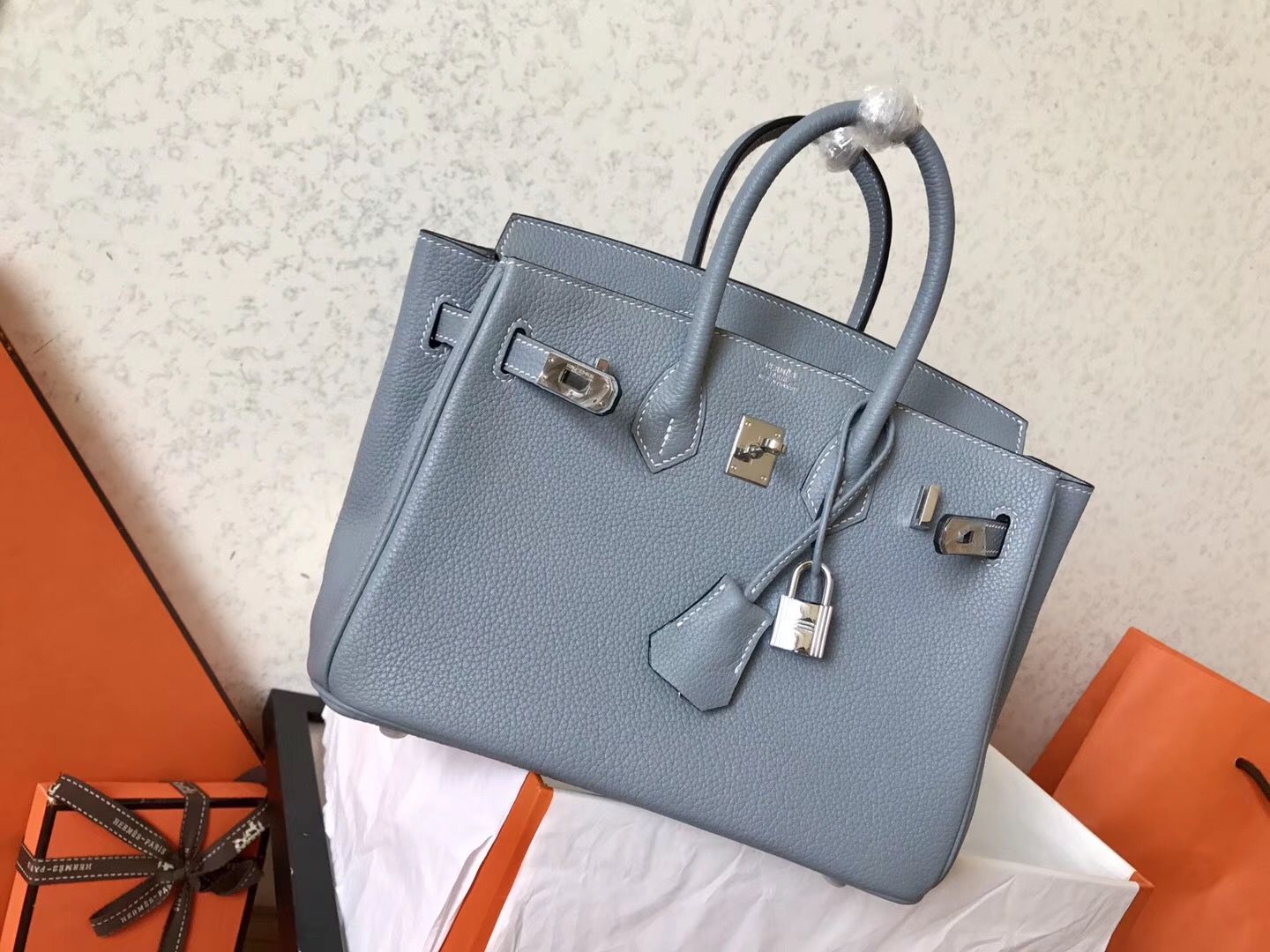 Hermes Birkin 25 Handmade Bag In Blue Lin Clemence Leather - Image 3