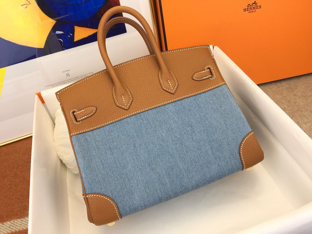 Hermes Birkin 25 Handmade Bag in Denim & Gold Clemence Leather - Image 3