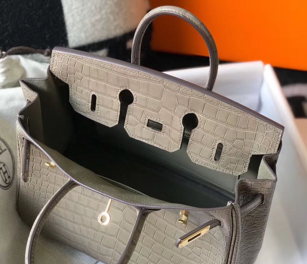 Hermes Birkin 25cm Bag In Taupe Embossed Crocodile Leather - Image 9
