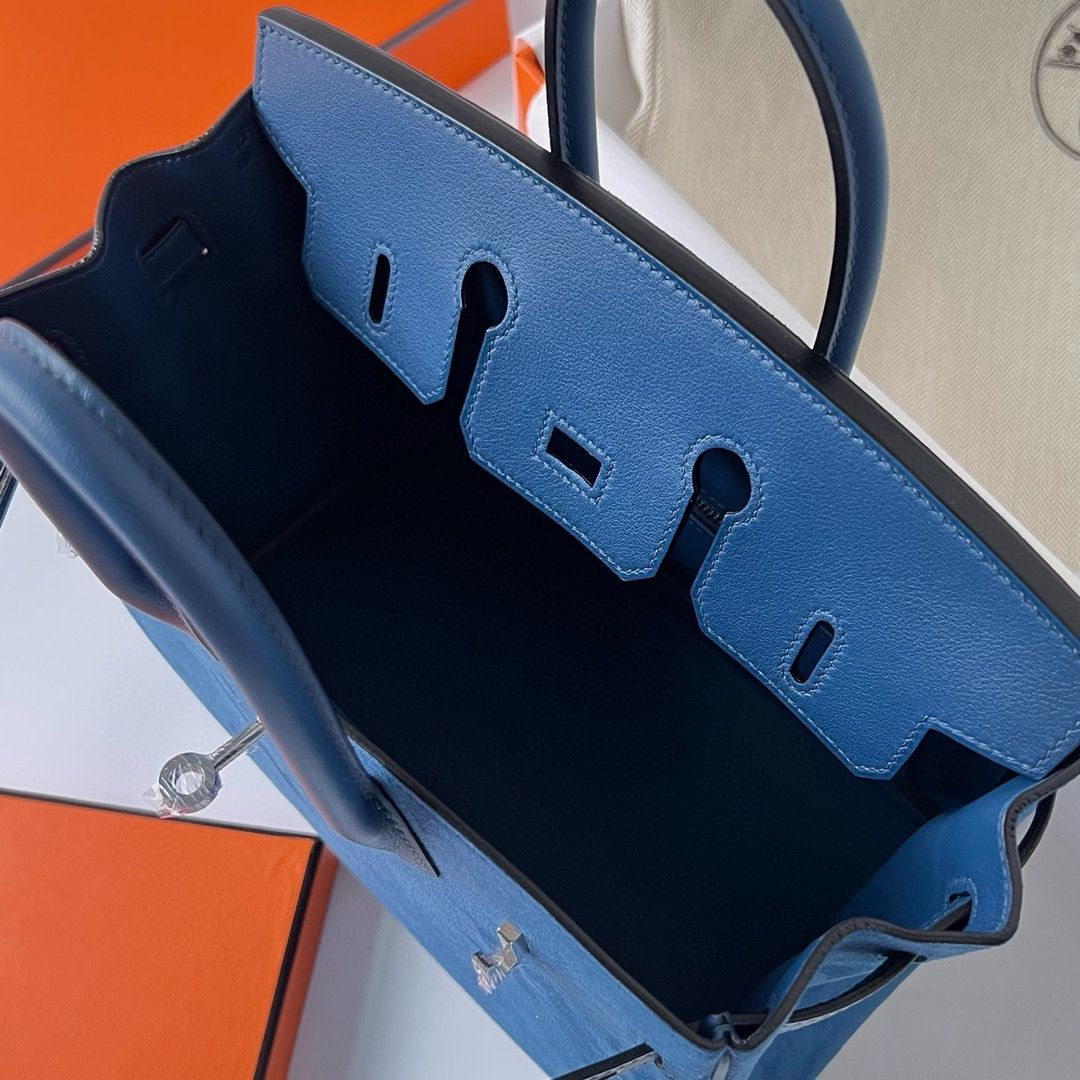 Hermes Birkin 25 Grizzly Bag in Blue Veau Doblis and Swift Leather - Image 6