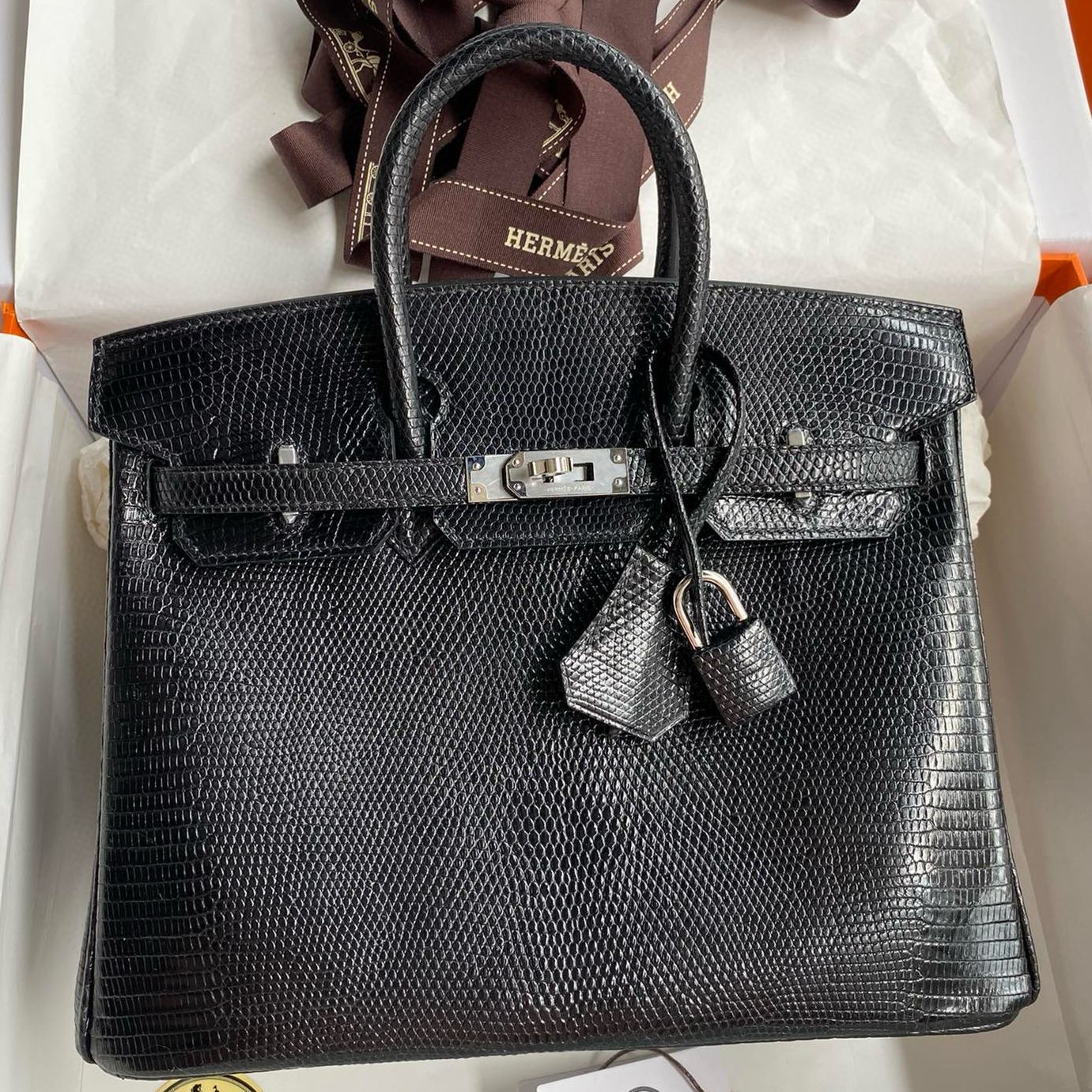 Hermes Birkin 25 Retourne Handmade Bag in Black Lizard Leather