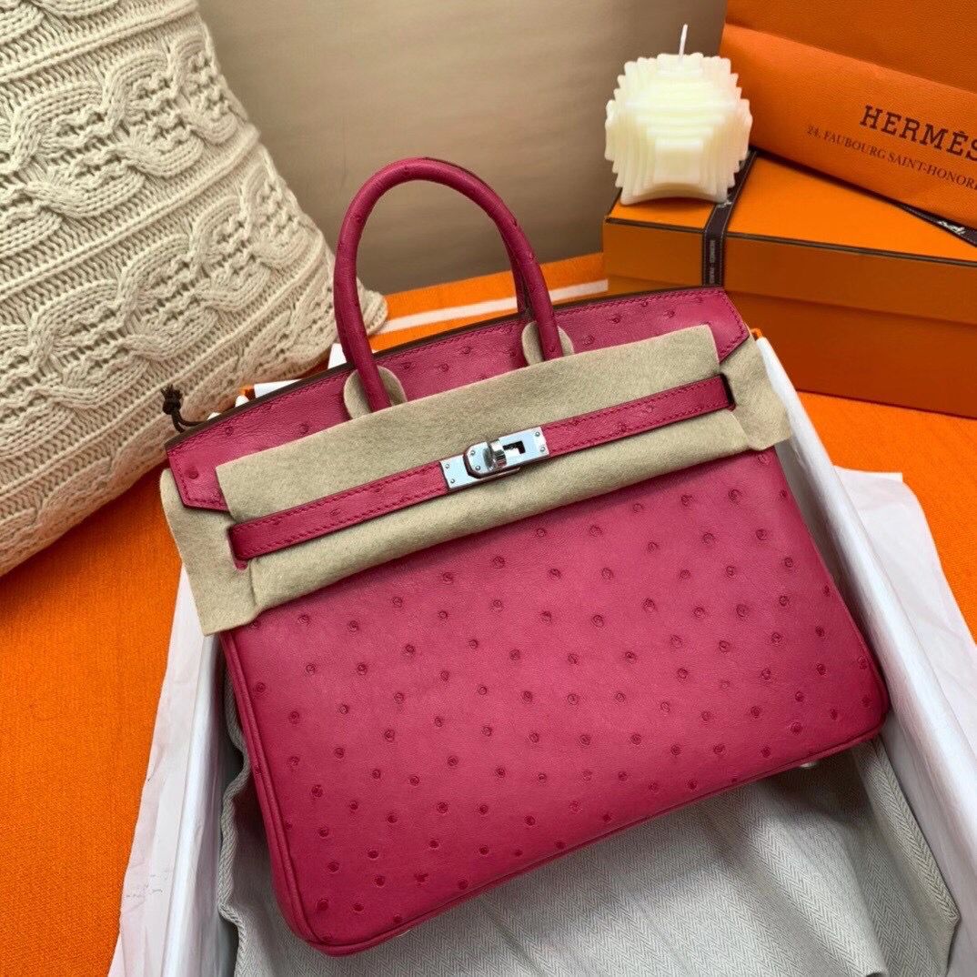 Hermes Birkin 25 Handmade Bag In Rose Red Ostrich Leather - Image 4