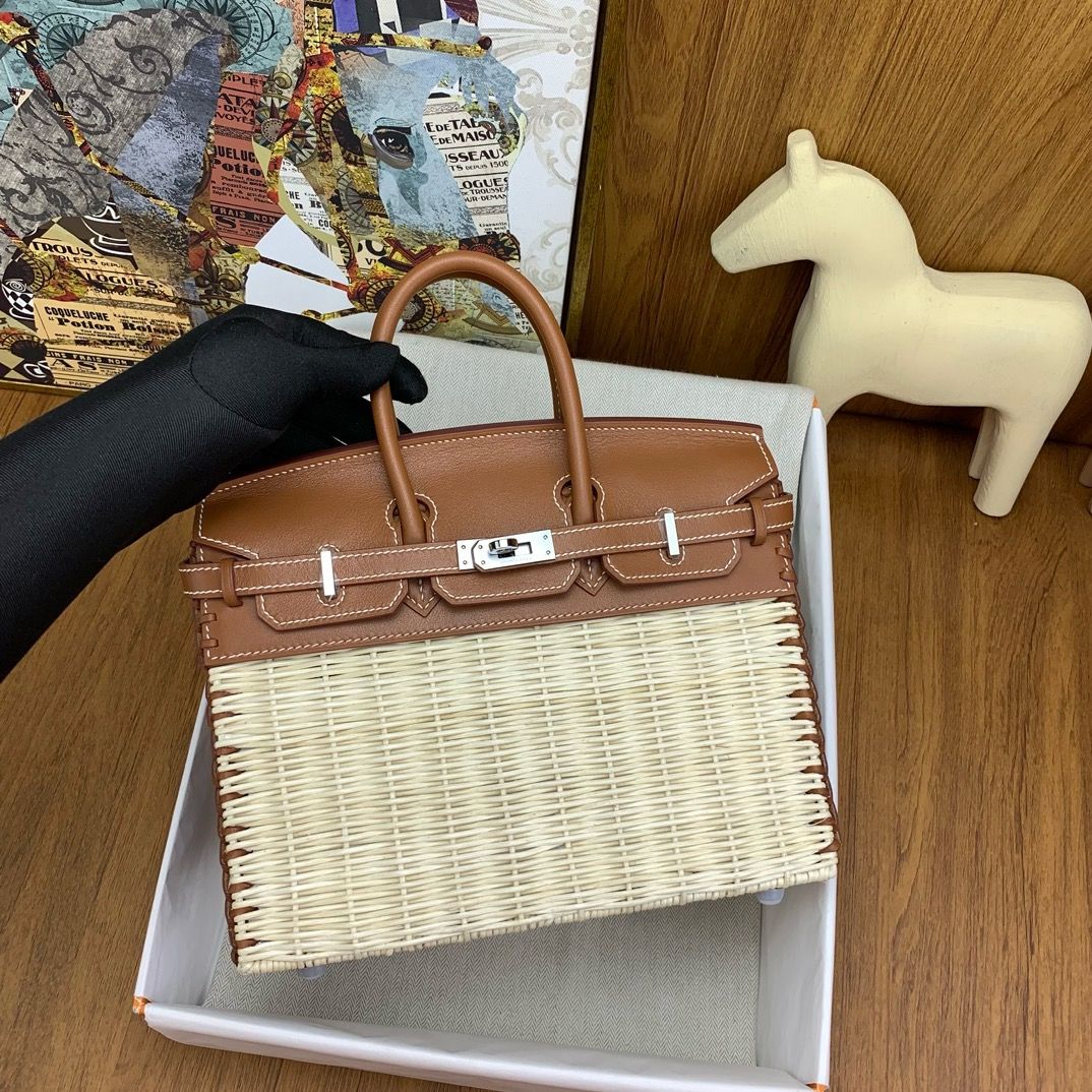 Hermes Picnic Birkin 25 Bag in Wicker with Gold Swift Calfskin - Image 4