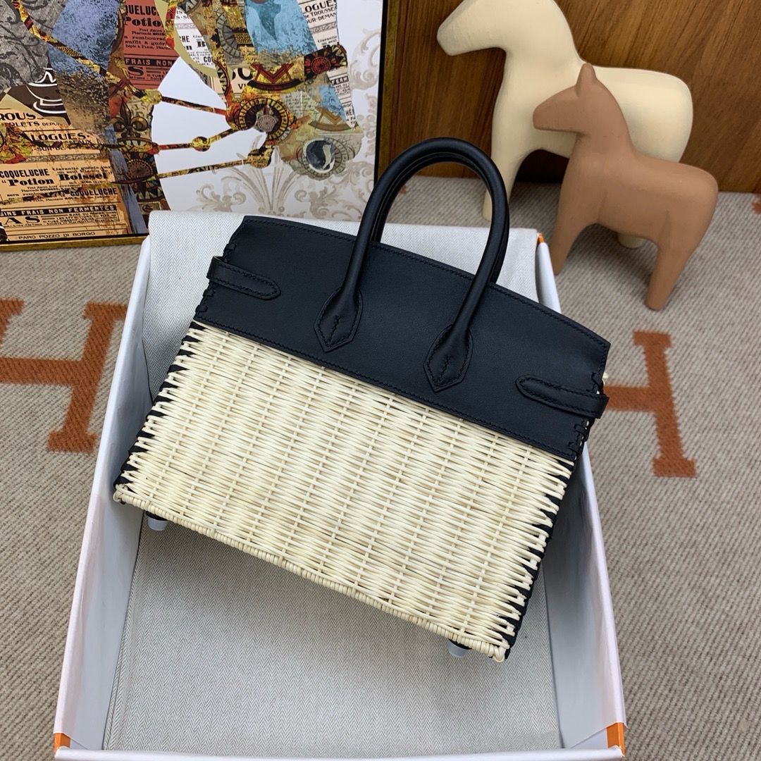 Hermes Picnic Birkin 25 Bag in Wicker with Black Swift Calfskin - Image 3