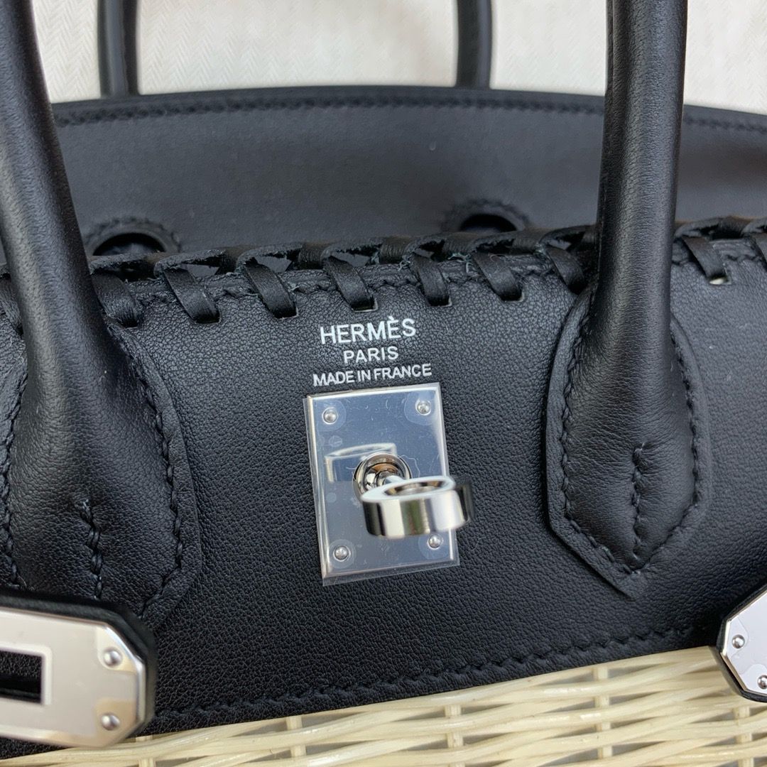 Hermes Picnic Birkin 25 Bag in Wicker with Black Swift Calfskin - Image 6