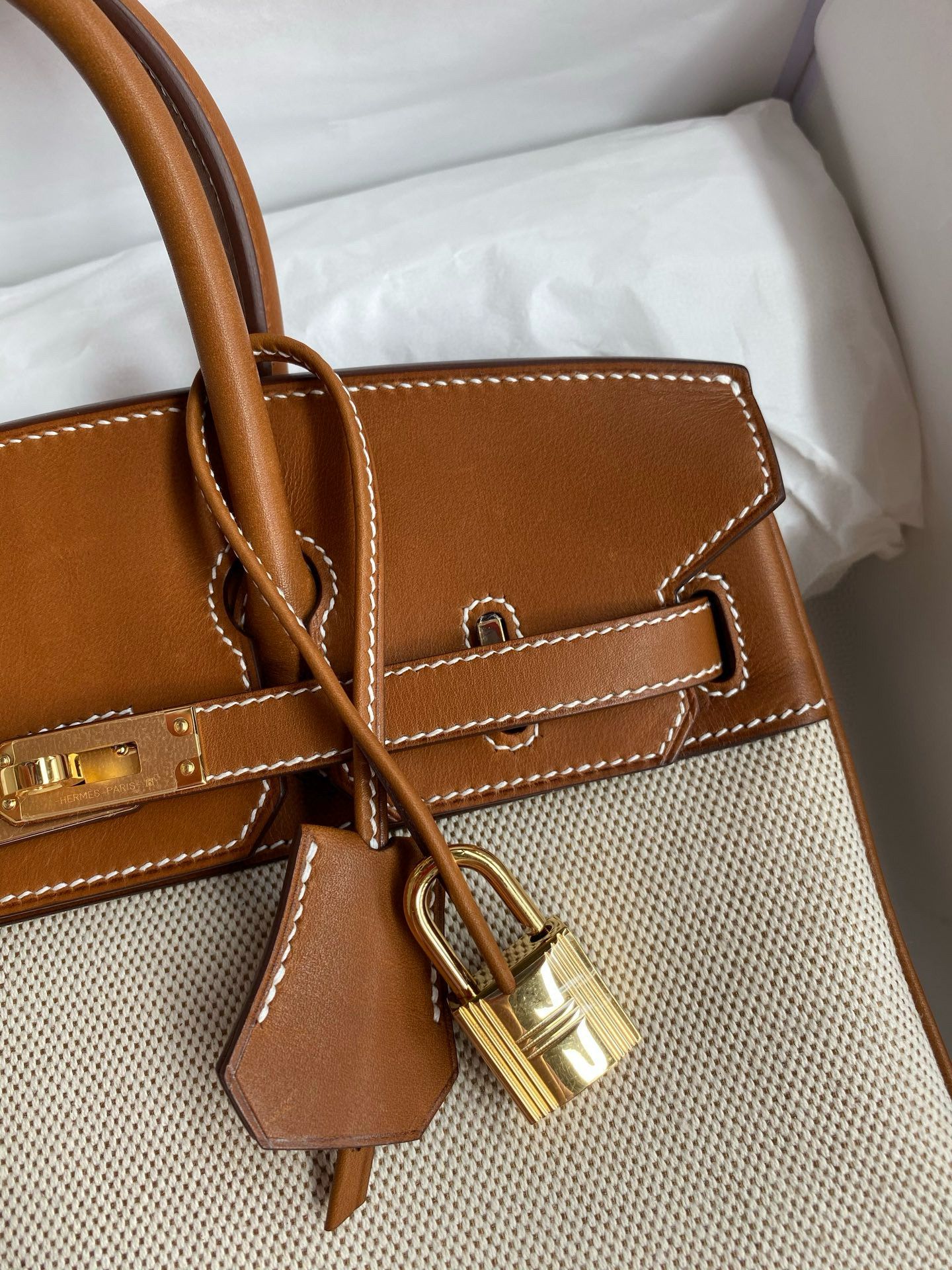 Hermes Birkin 25 Handmade Bag in Toile & Gold Barenia Calfskin - Image 4