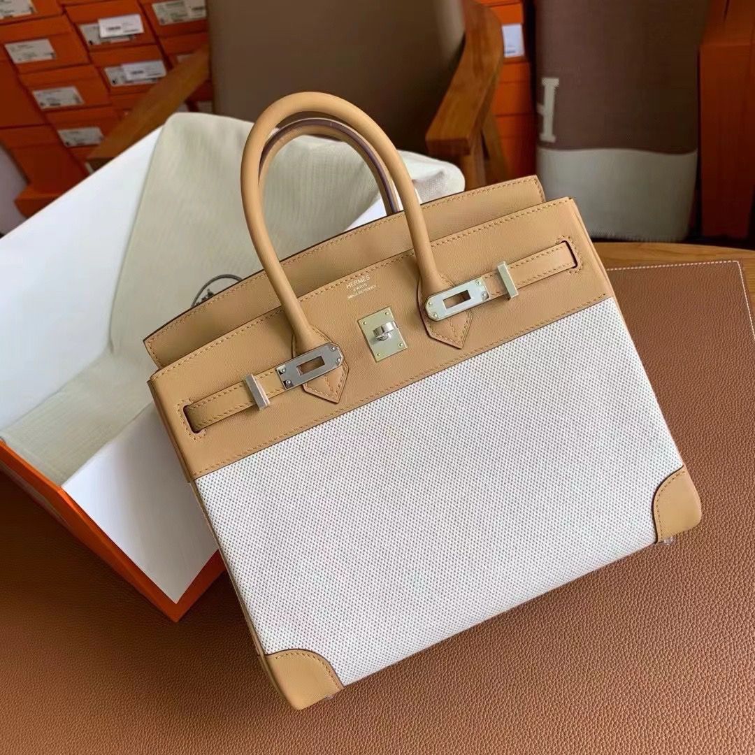 Hermes Birkin 25 Handmade Bag In Toile & Biscuit Swift Leather - Image 3