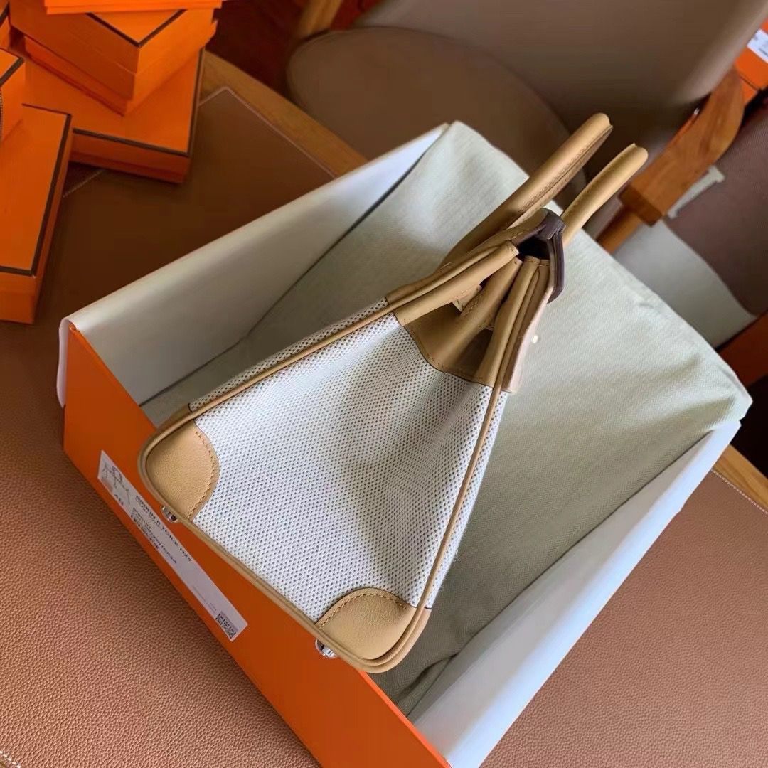 Hermes Birkin 25 Handmade Bag In Toile & Biscuit Swift Leather - Image 6