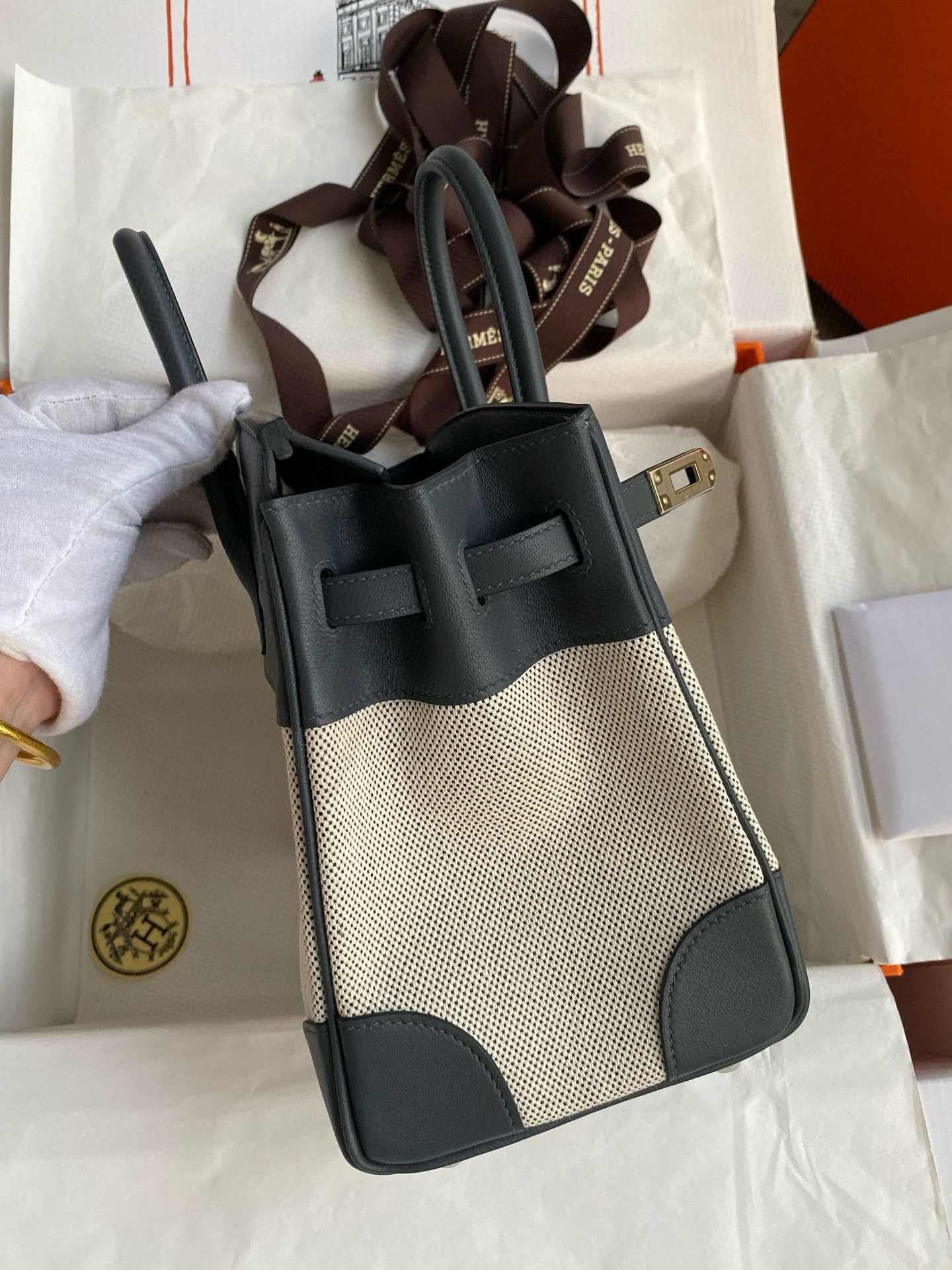 Hermes Birkin 25 Handmade Bag in Toile & Gris Misty Swift Leather - Image 6