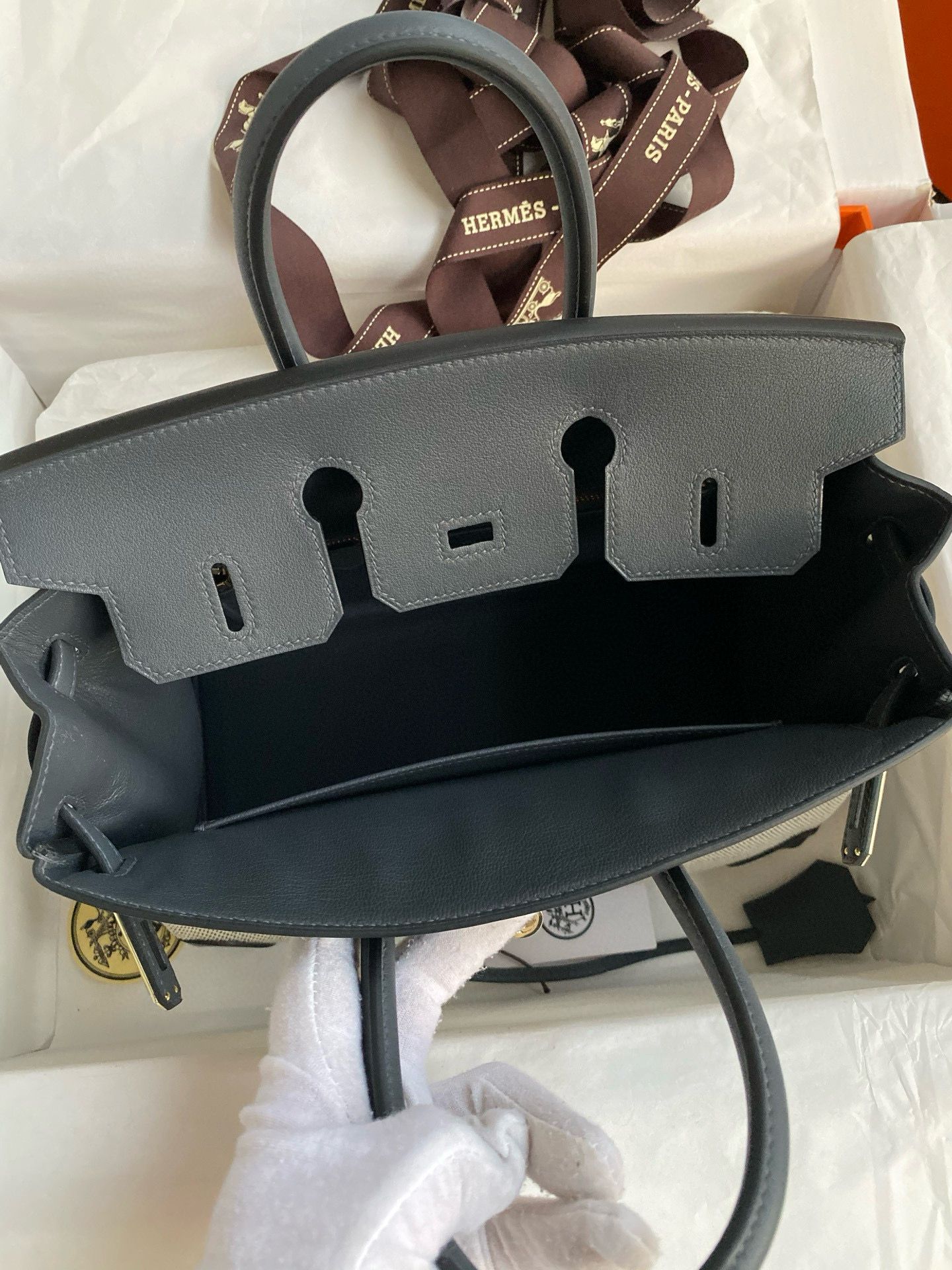 Hermes Birkin 25 Handmade Bag in Toile & Gris Misty Swift Leather - Image 8