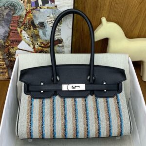 Hermes Shoulder Birkin Light 29 Bag in Toile and Black Swift Leather