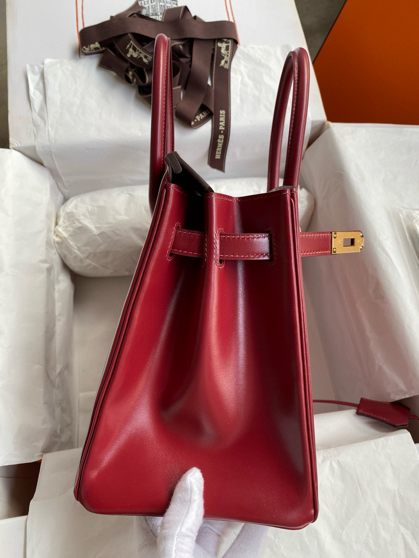 Hermes Birkin 30 Retourne Handmade Bag in Rouge H Box Calfskin - Image 6