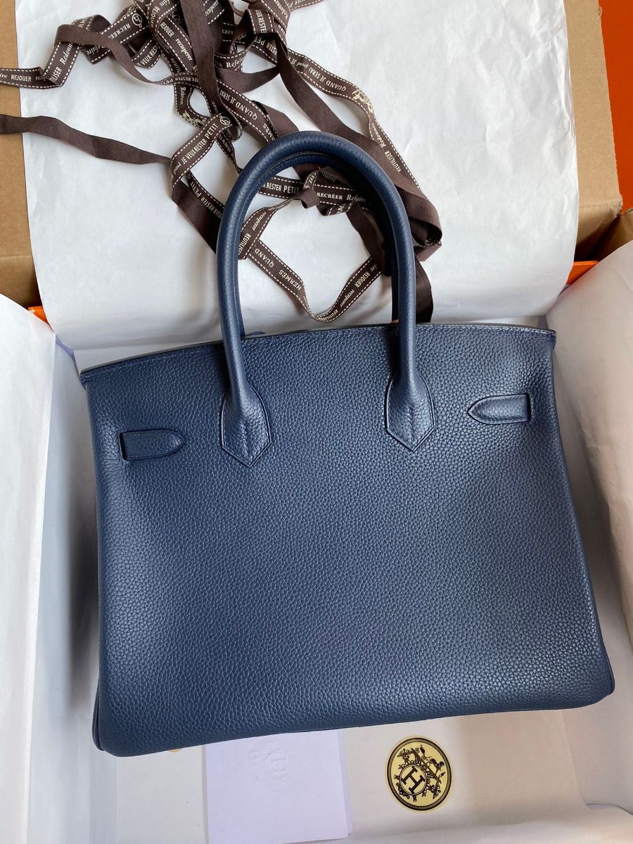 Hermes Birkin 30 Retourne Handmade Bag In Blue Saphir Clemence Leather - Image 3