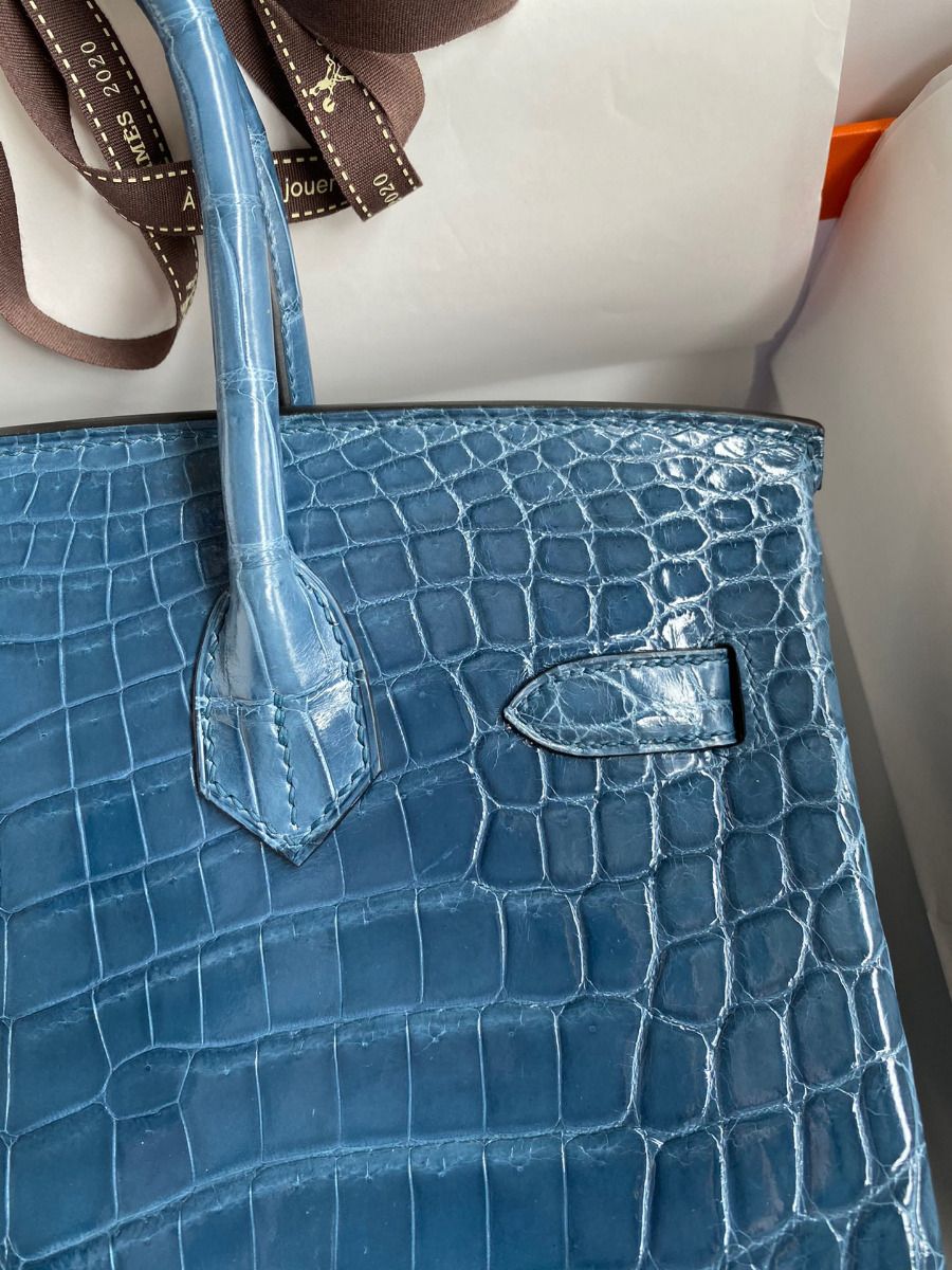 Hermes Birkin 30 Handmade Bag In Blue Tempete Crocodile Niloticus Shiny Skin - Image 4