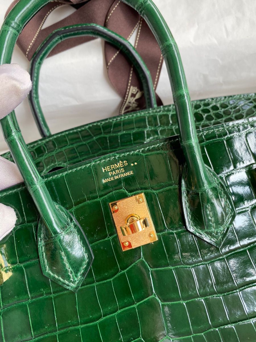 Hermes Birkin 30 Handmade Bag In Malachite Crocodile Niloticus Shiny Skin - Image 10