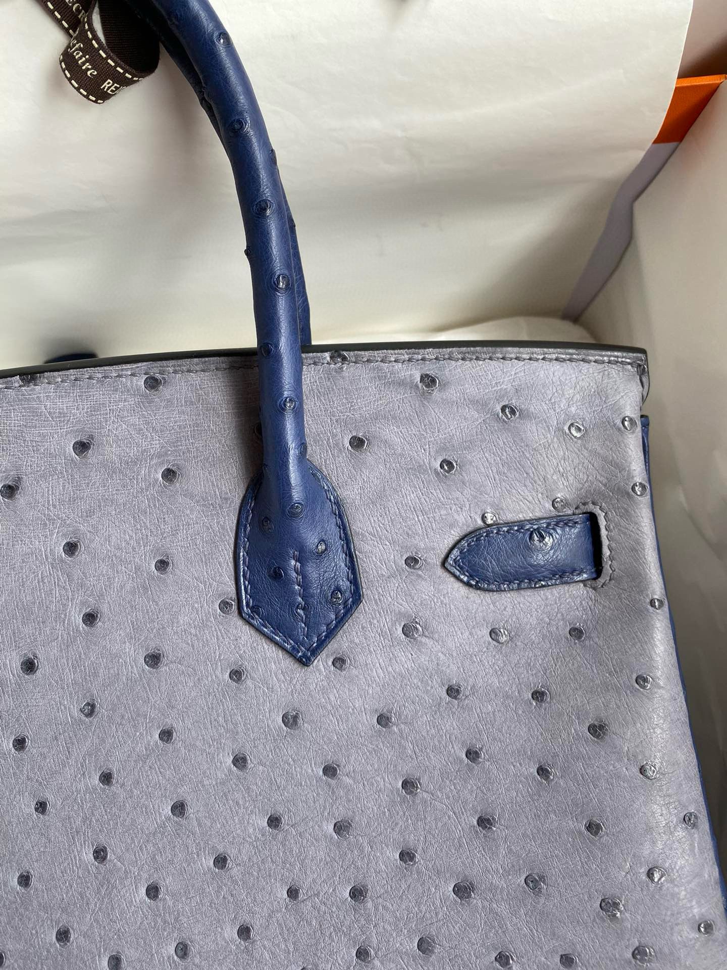 Hermes HSS Birkin 30 Bicolor Bag in Gris Agate and Blue Iris Ostrich Leather - Image 5