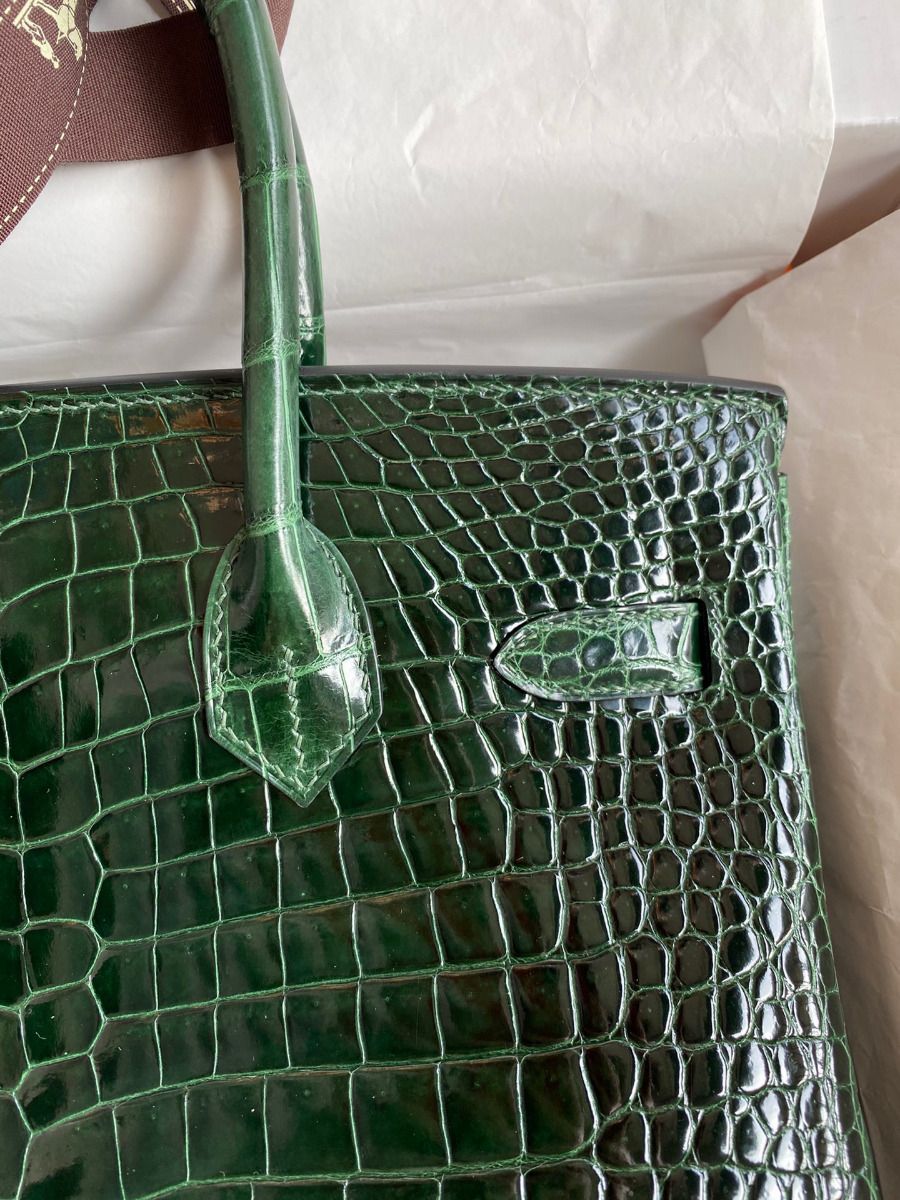 Hermes Birkin 30 Handmade Bag In Green Crocodile Porosus Shiny Skin - Image 5