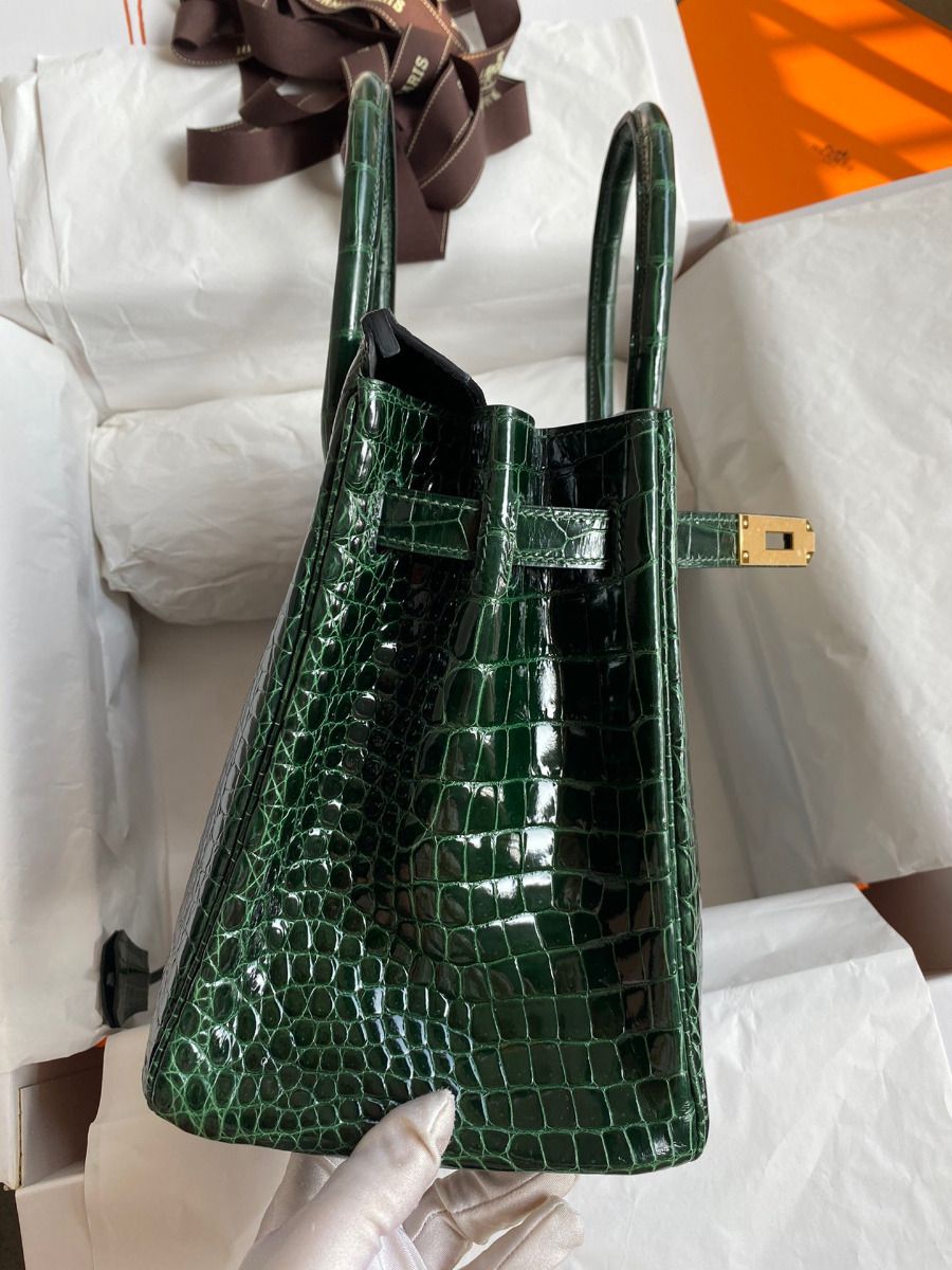 Hermes Birkin 30 Handmade Bag In Green Crocodile Porosus Shiny Skin - Image 6