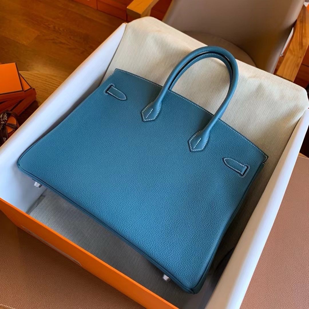 Hermes Birkin 35 Retourne Handmade Bag in Blue Jean Clemence Leather - Image 4