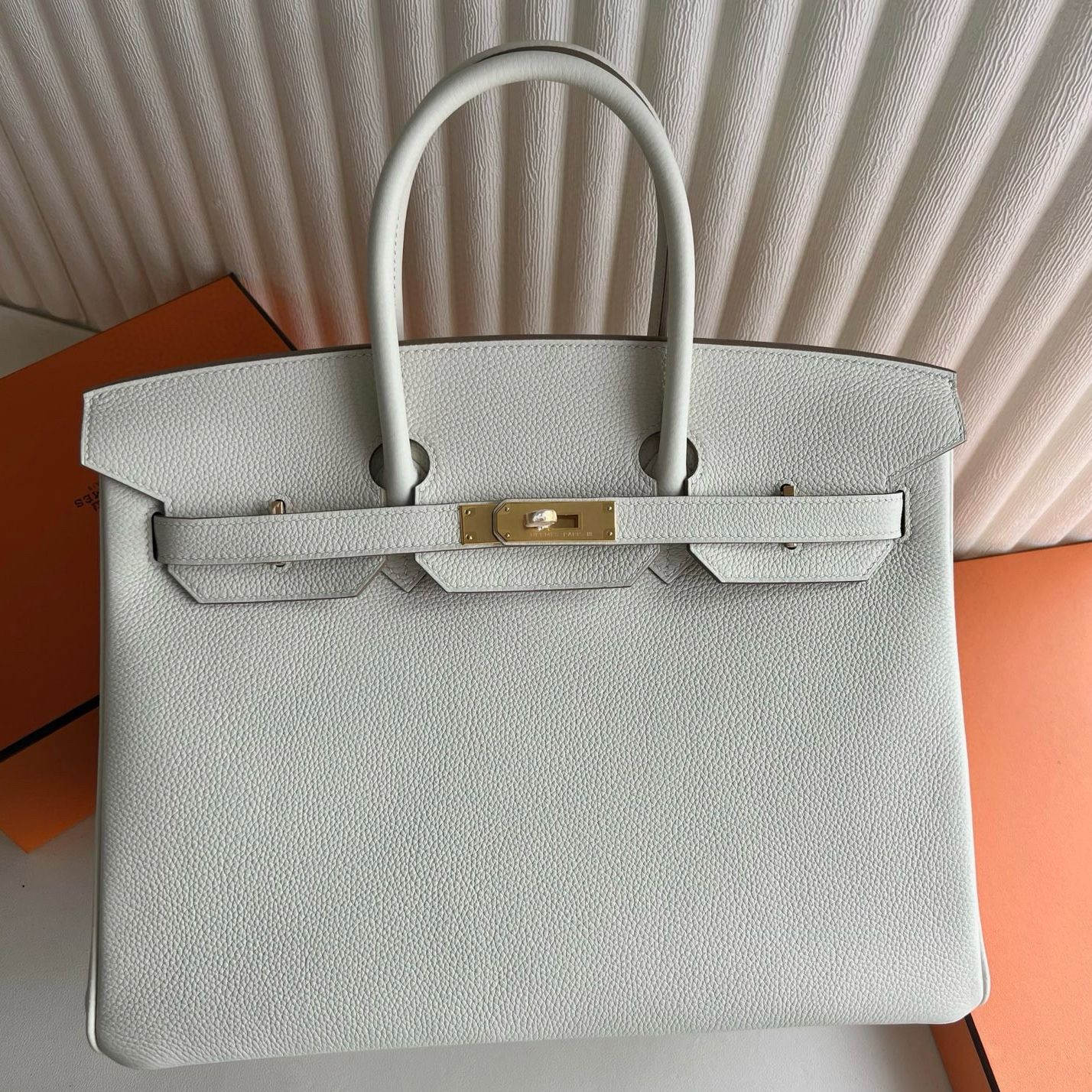 Hermes Birkin 35 Retourne Handmade Bag in Mushroom Clemence Leather