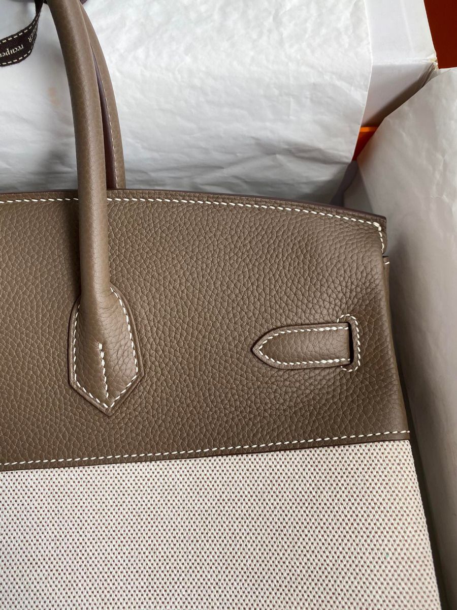 Hermes Birkin 35 Handmade Bag In Toile & Taupe Clemence Leather - Image 5